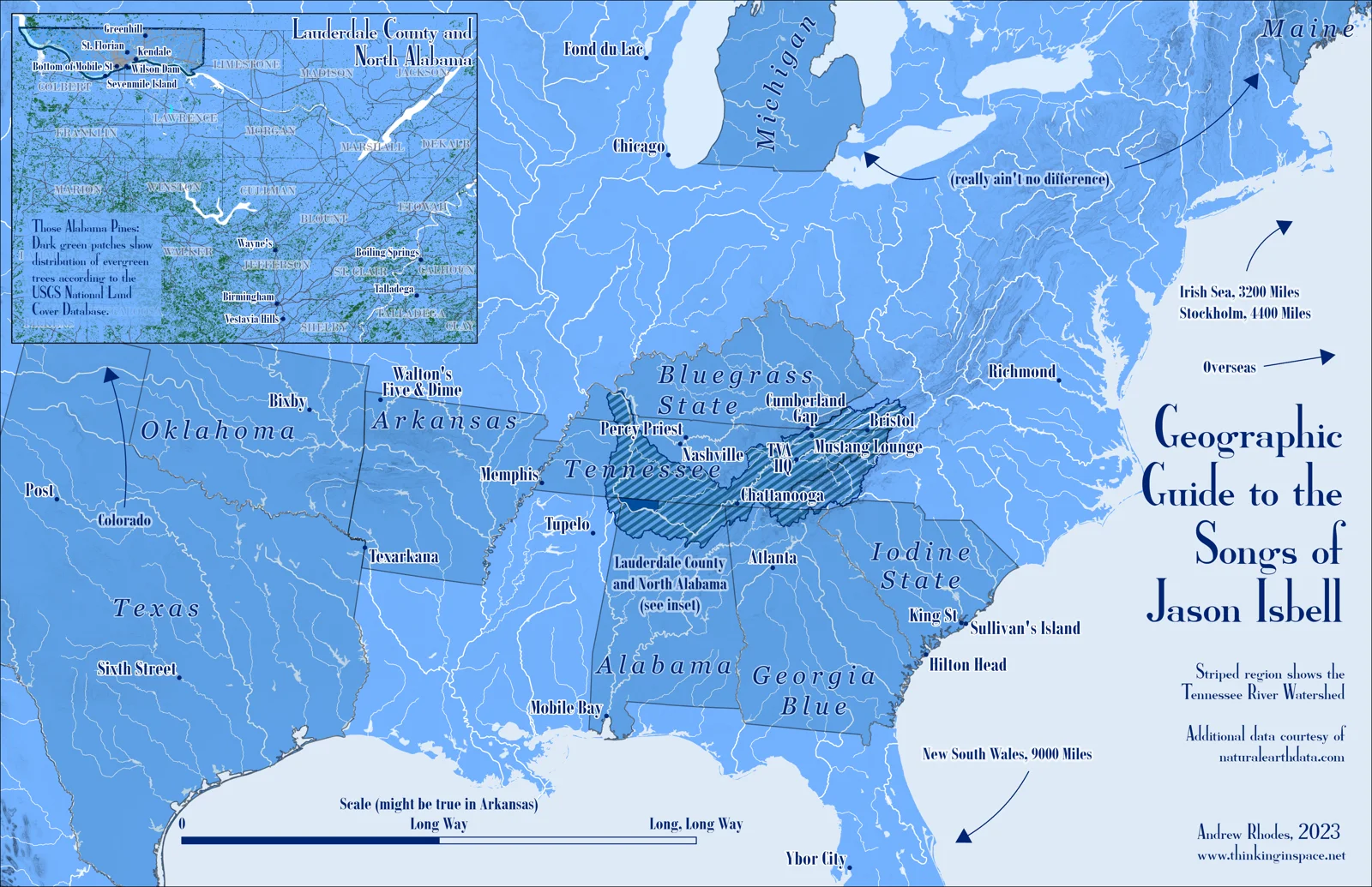 Map marking places mentioned in Jason Isbell songs.