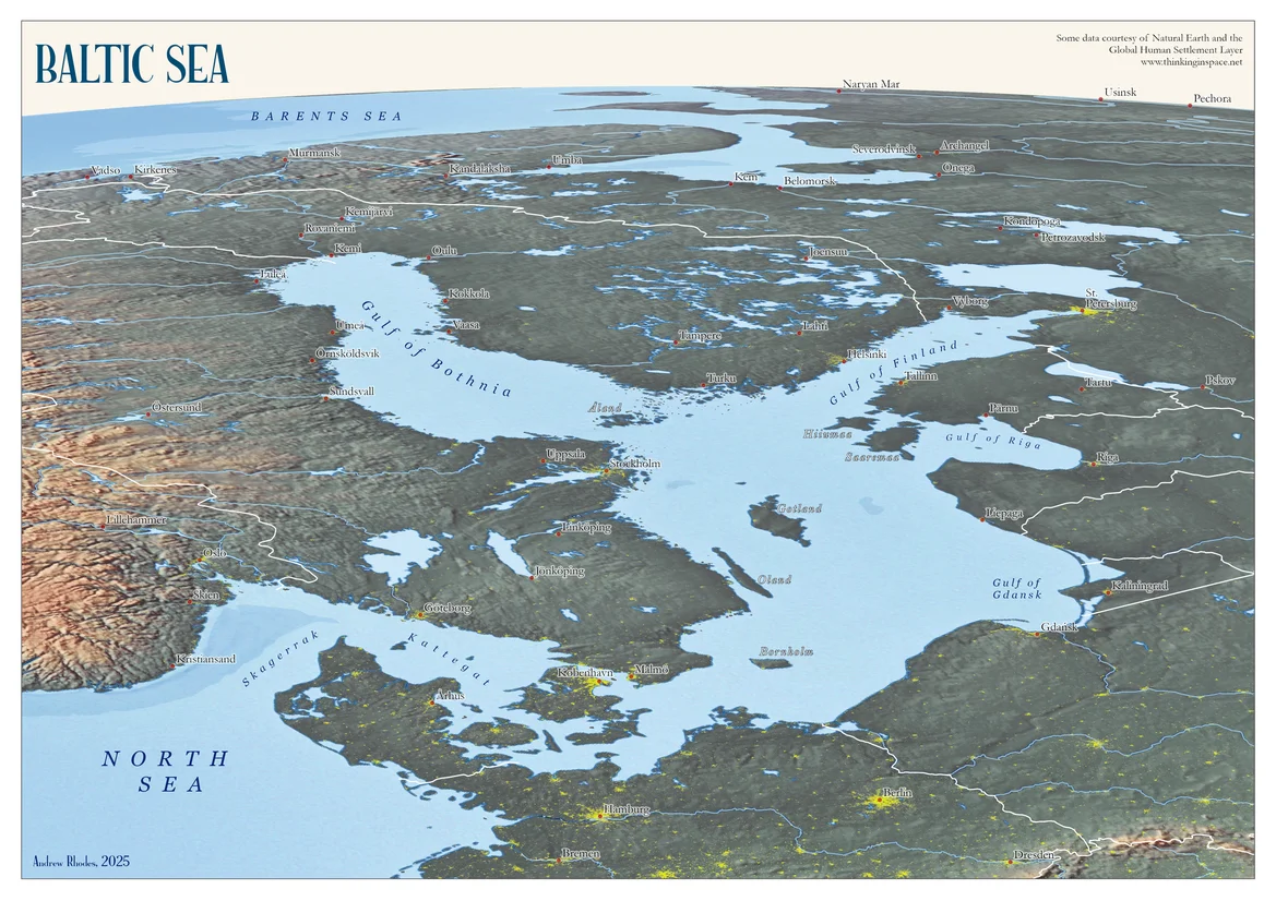 Oblique relief view of the Baltic Sea and Scandinavia.