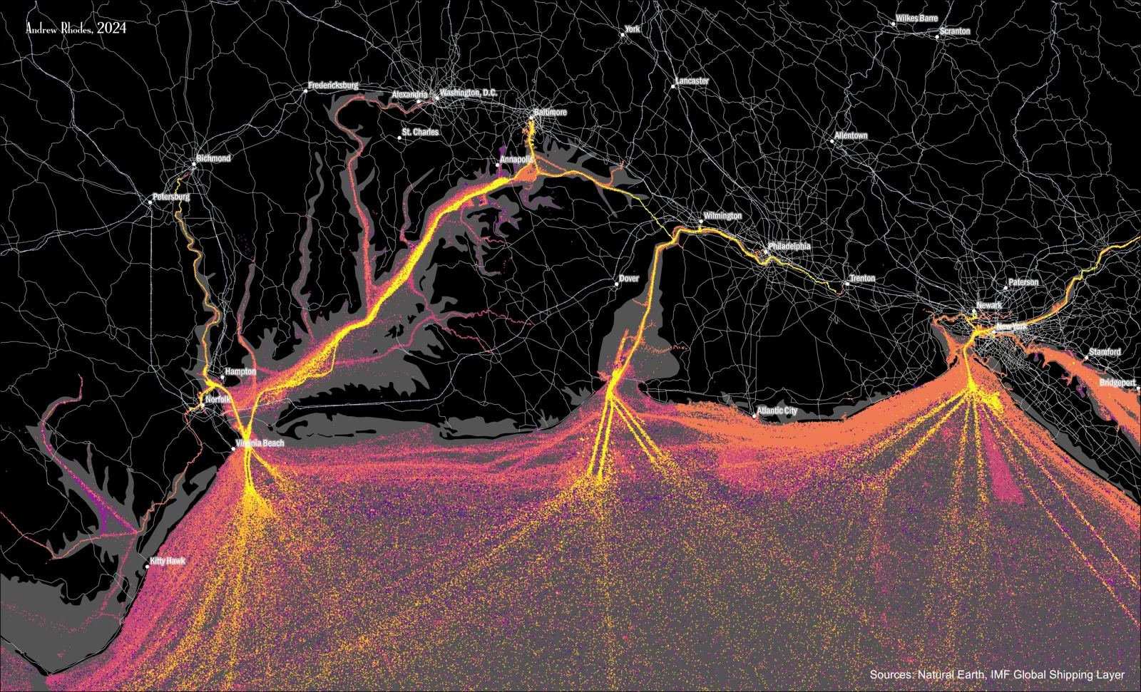 Dark map of the East Coast of the United States from Norfolk to New York showing shipping routes and coastal waterways.
