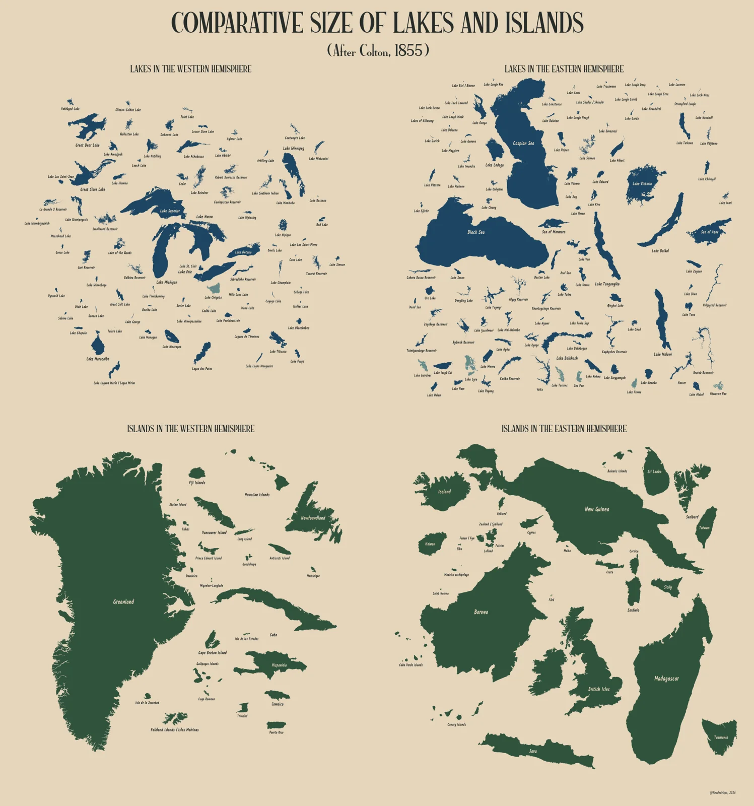 Lakes and islands shown at a common scale, with labeled blue lake shapes and green island shapes.