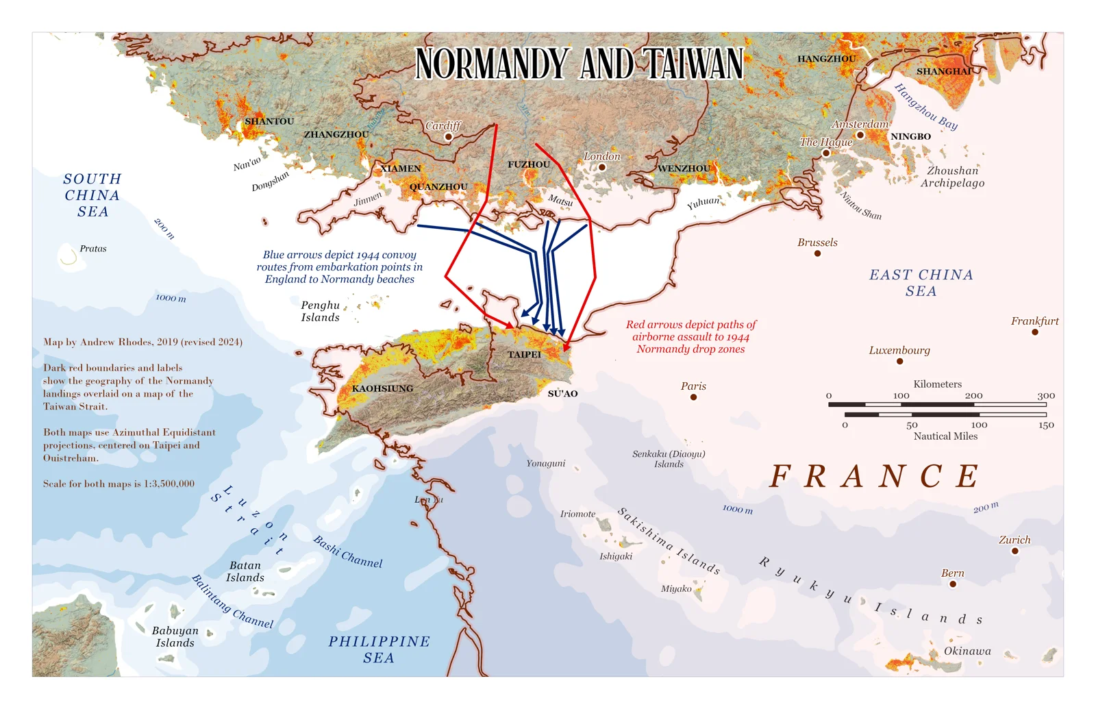 Overlaid maps of Normandy and Taiwan comparing coastlines, terrain, and approach routes.