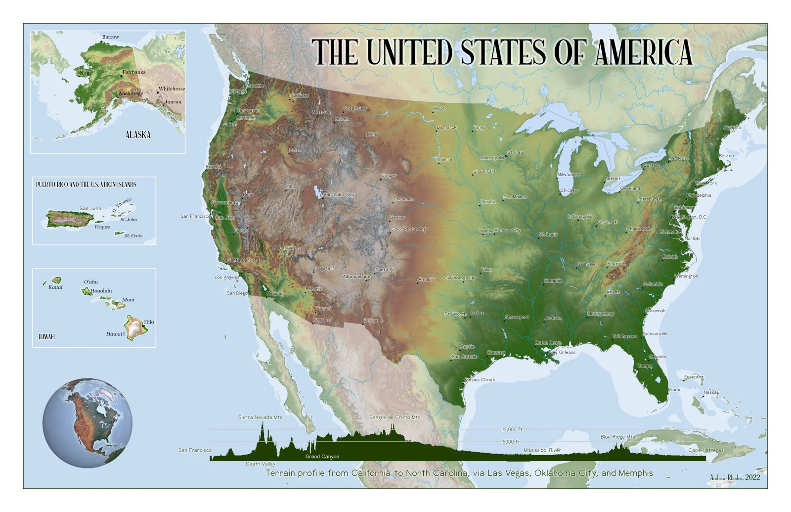 United States terrain map with insets for Alaska, Hawaii, and territories.